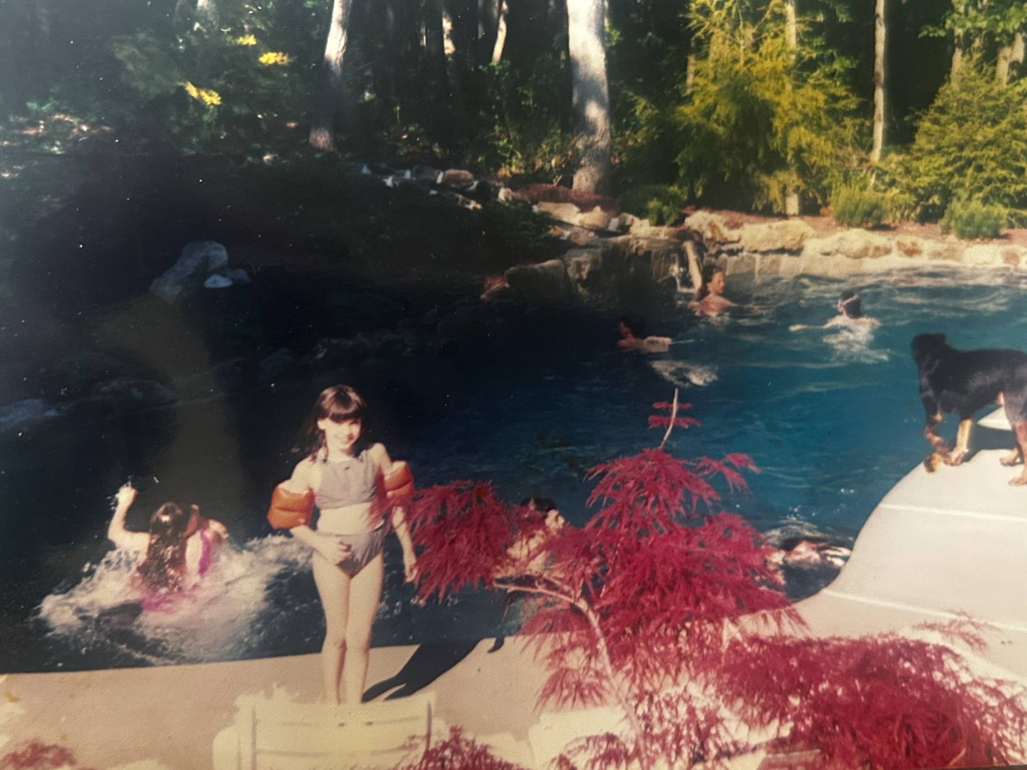 Photo of a young brunette girl in a bikini with orange floaties in front of a pool.