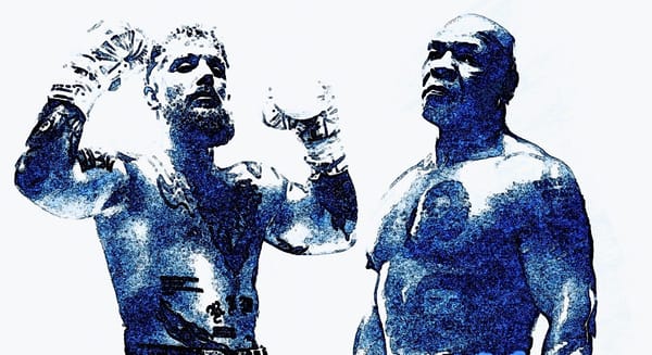 A blue-toned, sketch-style photo of a young white, blonde guy with many tattoos and an older African-American male.