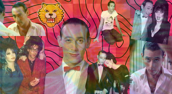 Collage of photos of actor Paul Reubens as himself as well as Pee-wee Herman, against a pink swirly and checkerboard background.